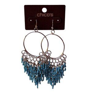 Vintage Chico;s Y2K Silver Hoop Earrings with Turquoise Seed Bead Fringe